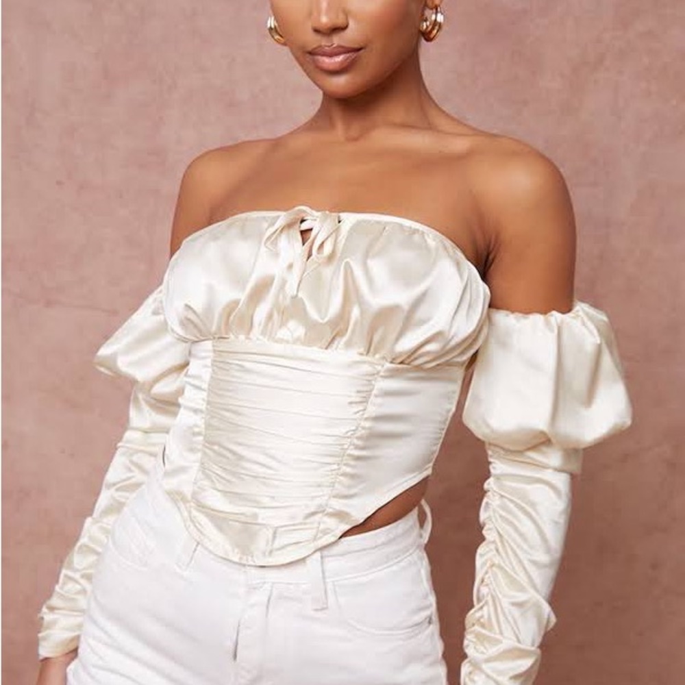 Pretty Little Thing Cream Satin Bardot Ruched Top